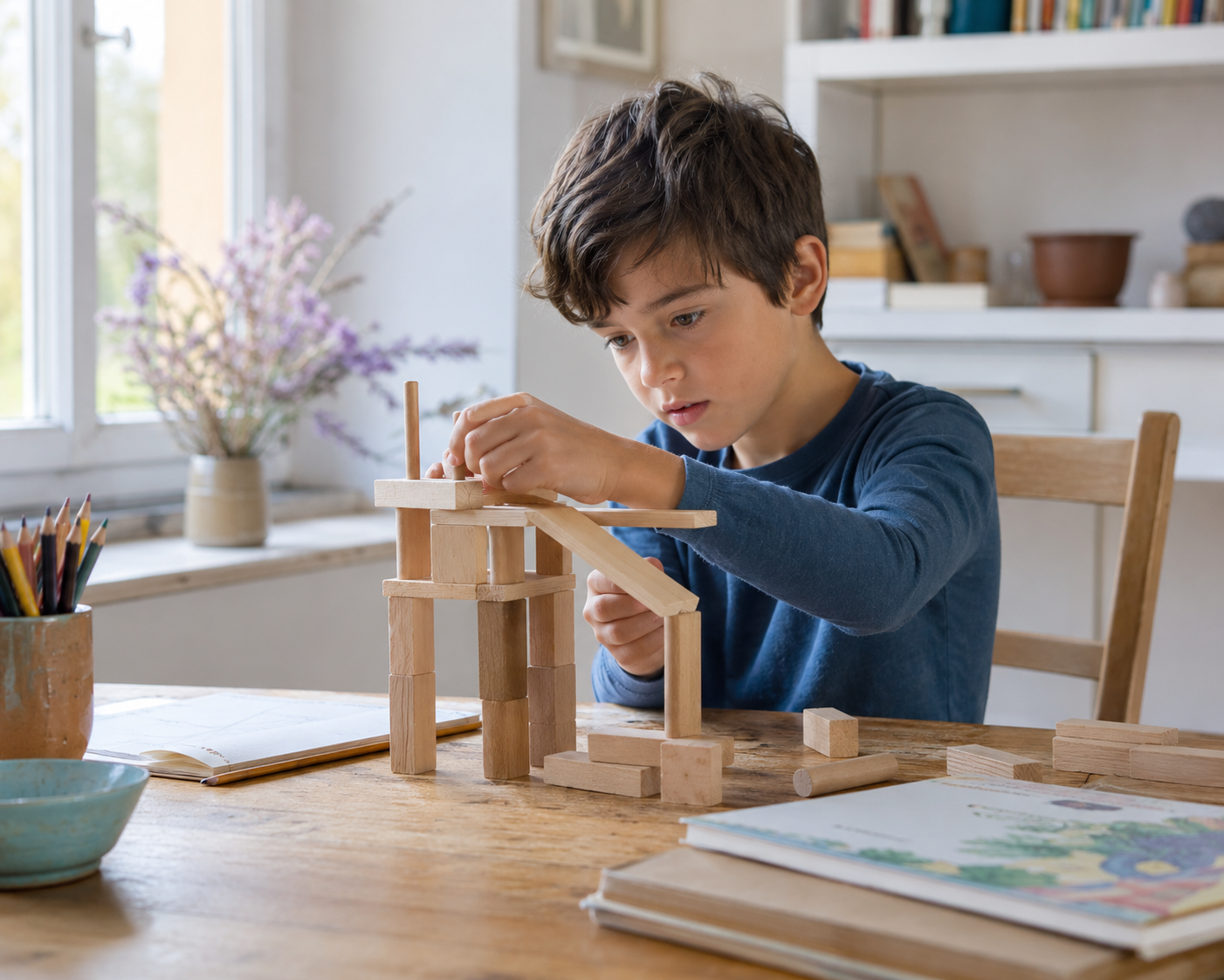 Un enfant absorbé par une construction en bois