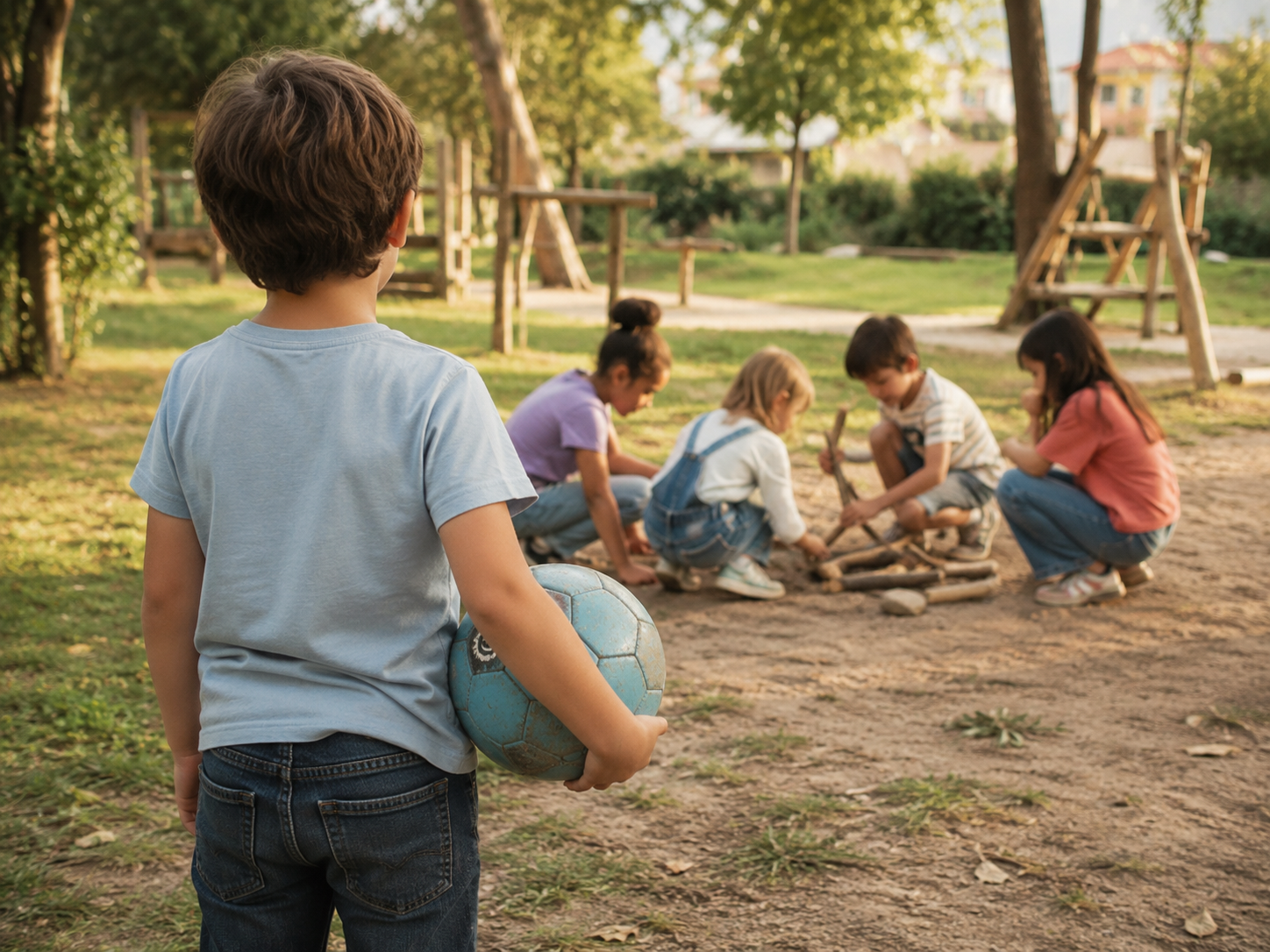 Un enfant de dos observe un groupe d'enfants en train de jouer dans la cour