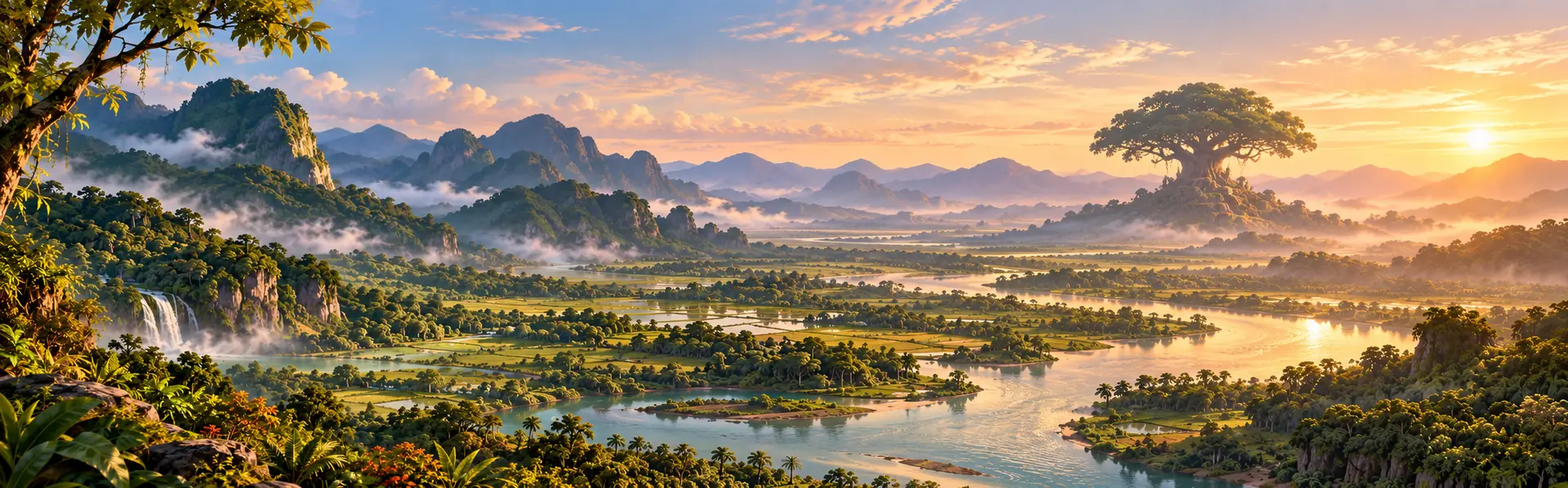 Vue panoramique d'une grande vallée verdoyante traversée par une rivière, avec une cascade à gauche et un arbre immense sur une colline au loin, au coucher du soleil