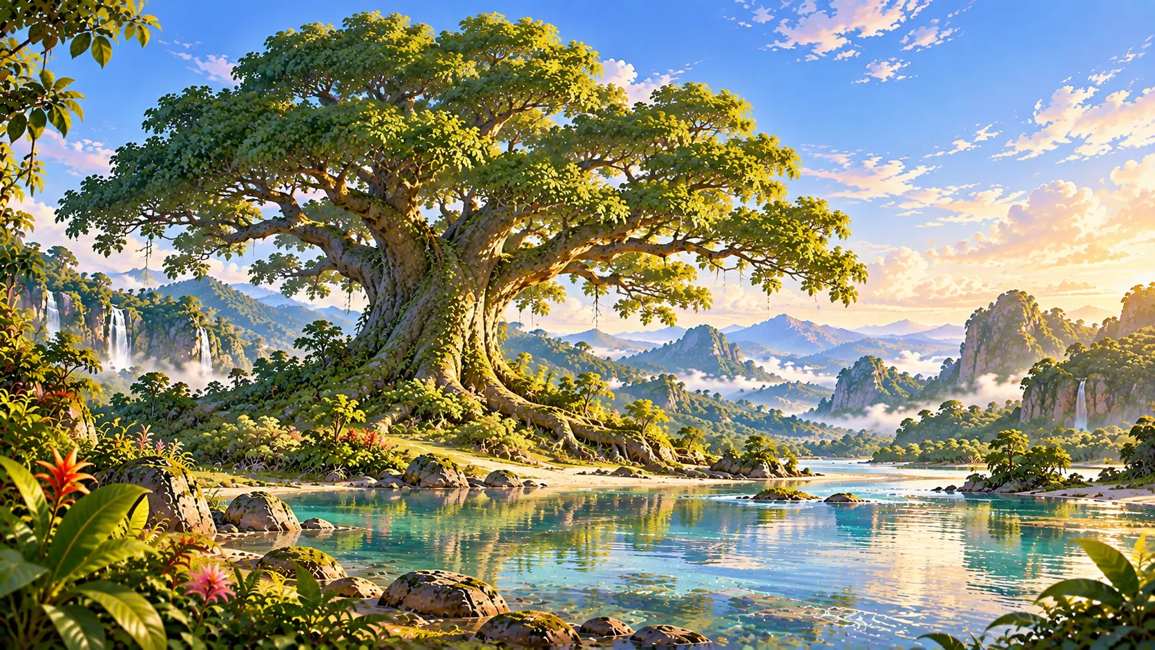 L'Arbre ancien : un arbre immense et très vieux au bord de la rivière