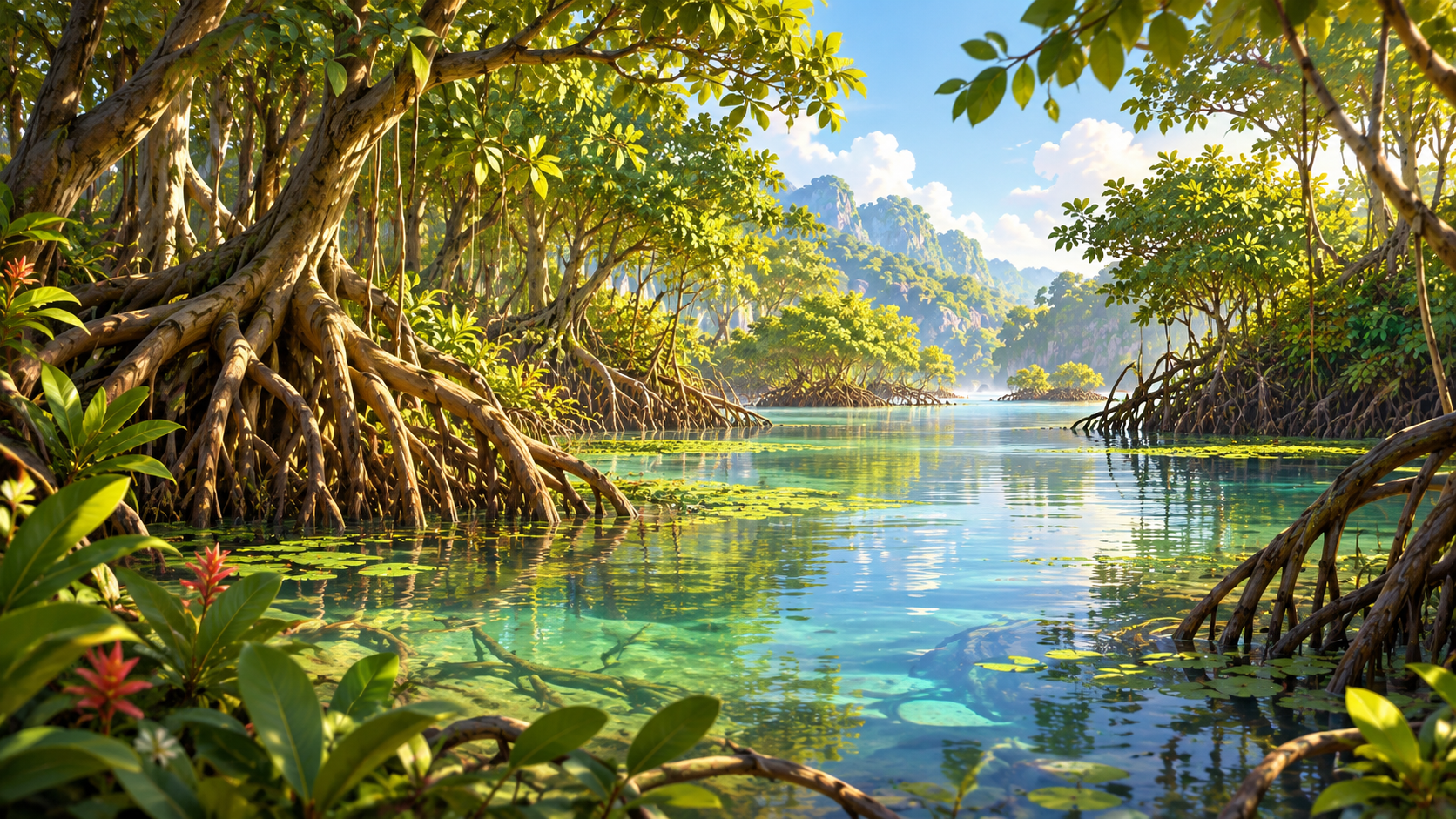 La Mangrove : des palétuviers aux grandes racines plongées dans une eau claire, avec des passages étroits entre les arbres