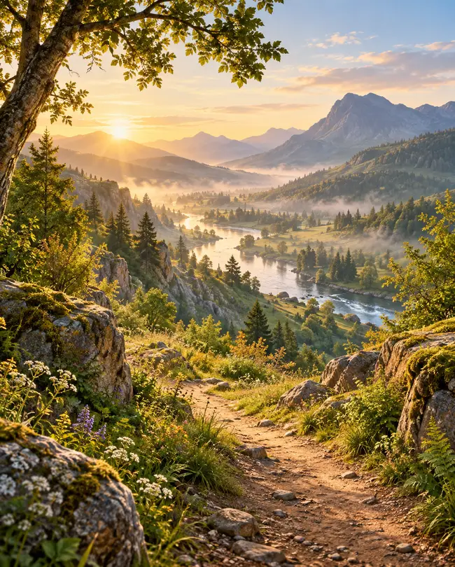 Sentier de terre entre des rochers moussus et des fleurs sauvages, descendant vers une vallée où serpente une rivière dans la brume du matin, montagnes au lever du soleil